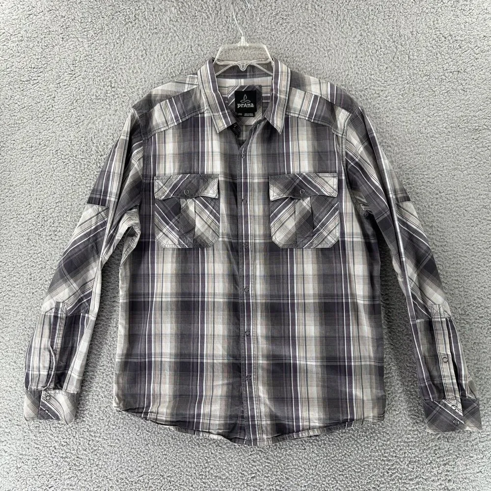 prAna Mens Large L/S Button Down Tartan Madras Plaid Shirt Snap Hiking Outdoor